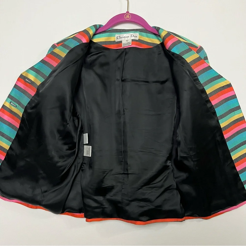 Vintage 1990s Christian Dior Colorful Stripe Two Button Silk Jacket US 10
